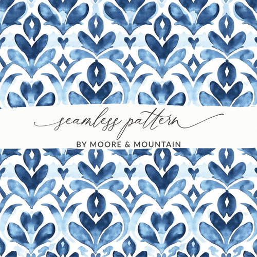 Blue Shibori Seamless Watercolor Geometric Pattern, Indigo Ink Digital Paper, Abstract Floral Repeat Pattern, Commercial Use Print - Moore and Mountain
