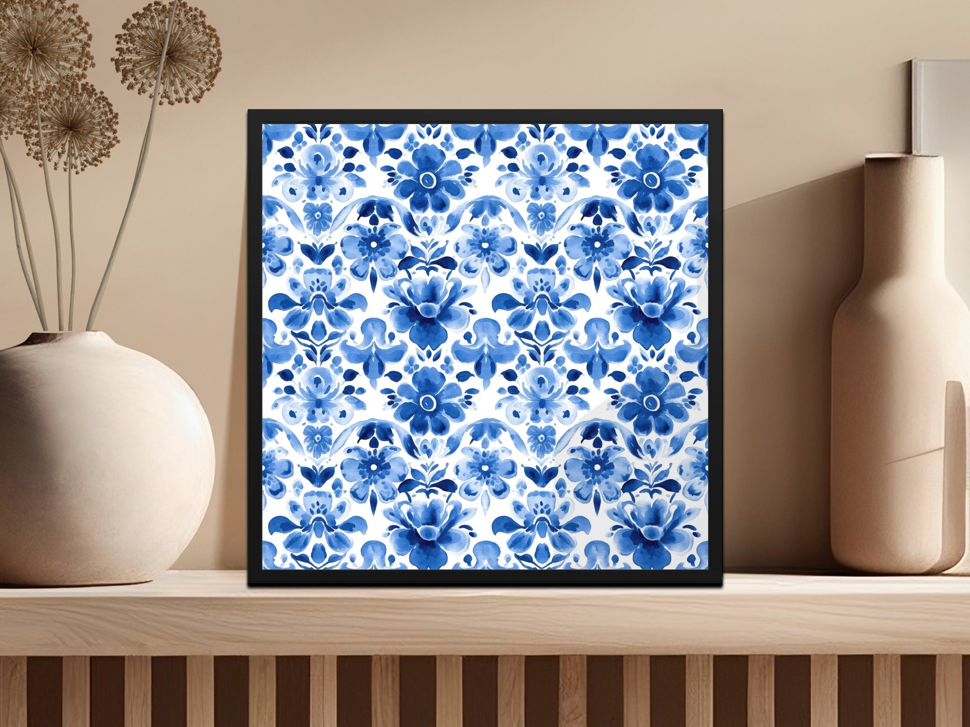 Blue Shibori Seamless Watercolor Geometric Pattern, Indigo Ink Digital Paper, Floral Fabric Design, Print on Demand, Blue Watercolor Art - Moore and Mountain