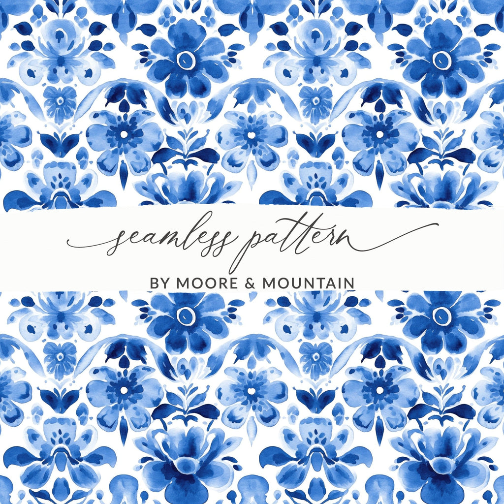 Blue Shibori Seamless Watercolor Geometric Pattern, Indigo Ink Digital Paper, Floral Fabric Design, Print on Demand, Blue Watercolor Art - Moore and Mountain