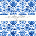 Blue Shibori Seamless Watercolor Geometric Pattern, Indigo Ink Digital Paper, Floral Fabric Design, Print on Demand, Blue Watercolor Art - Moore and Mountain