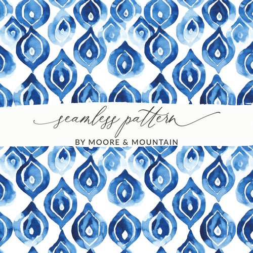 Blue Shibori Seamless Watercolor Geometric Pattern, Indigo Ink Digital Paper, Modern Blue Pattern Design, Printable Fabric Pattern - Moore and Mountain