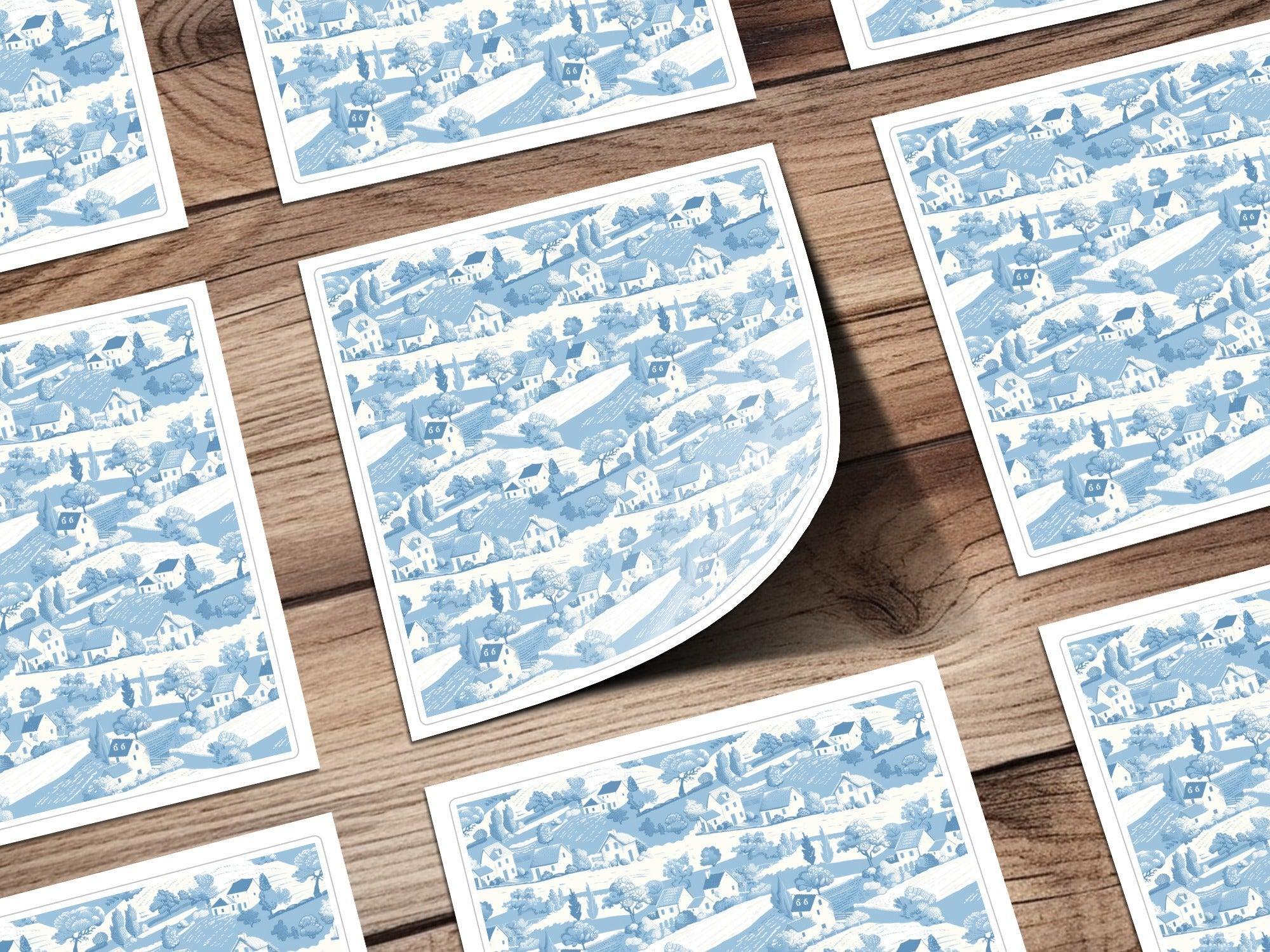 Blue Toile Seamless Pattern, Farmhouse Digital Paper, Countryside Landscape, 12x12 JPEG, Repeating Background, Cottagecore, Scrapbooking - Moore and Mountain