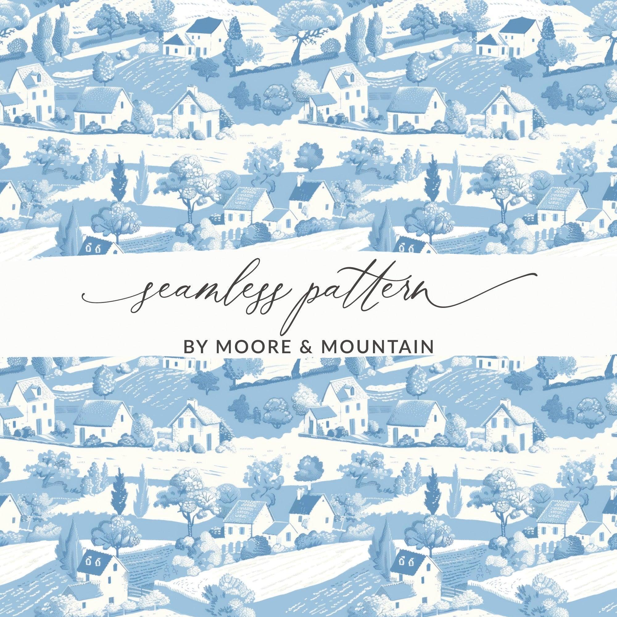 Blue Toile Seamless Pattern, Farmhouse Digital Paper, Countryside Landscape, 12x12 JPEG, Repeating Background, Cottagecore, Scrapbooking - Moore and Mountain