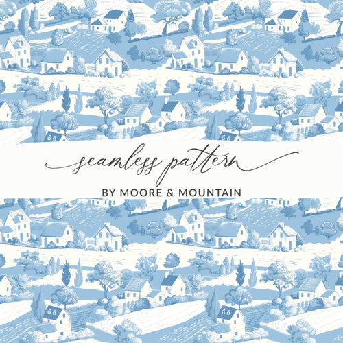 Blue Toile Seamless Pattern, Farmhouse Digital Paper, Countryside Landscape, 12x12 JPEG, Repeating Background, Cottagecore, Scrapbooking - Moore and Mountain