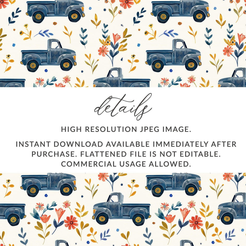 Blue Truck Seamless Pattern Digital Paper, Floral Truck, Farmhouse Truck Fabric Design, Rustic Texture for Crafts, Commercial Use - Moore and Mountain