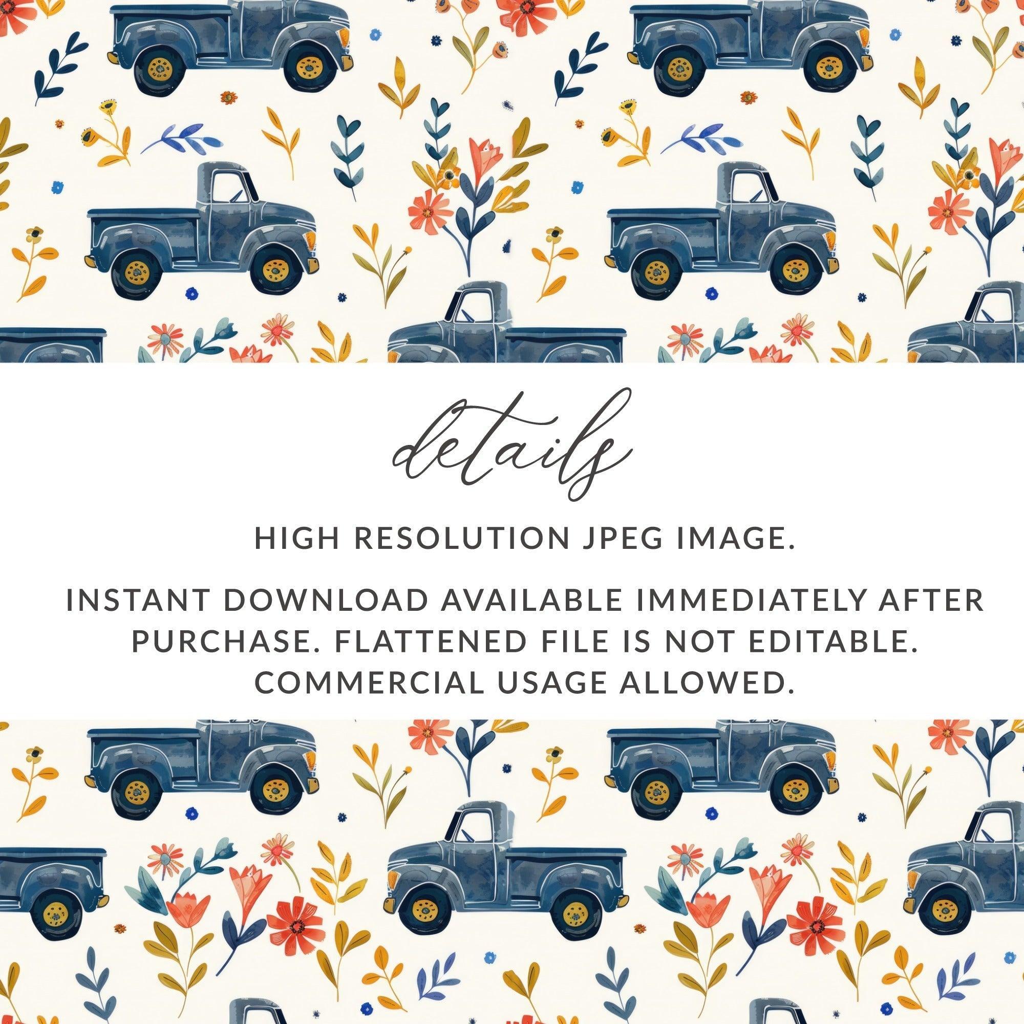 Blue Truck Seamless Pattern Digital Paper, Floral Truck, Farmhouse Truck Fabric Design, Rustic Texture for Crafts, Commercial Use - Moore and Mountain