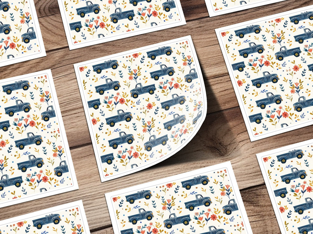 Blue Truck Seamless Pattern Digital Paper, Floral Truck, Farmhouse Truck Fabric Design, Rustic Texture for Crafts, Commercial Use - Moore and Mountain