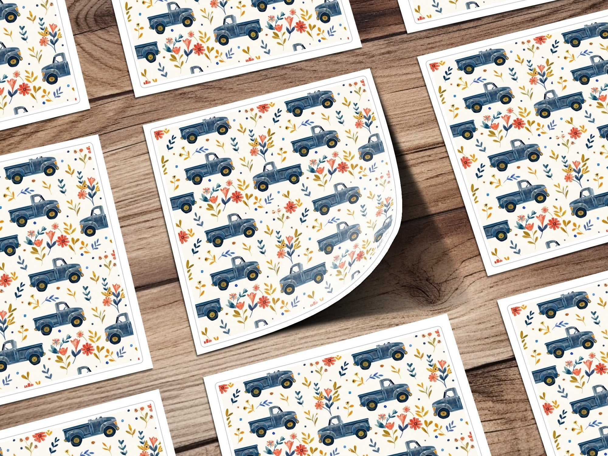 Blue Truck Seamless Pattern Digital Paper, Floral Truck, Farmhouse Truck Fabric Design, Rustic Texture for Crafts, Commercial Use - Moore and Mountain
