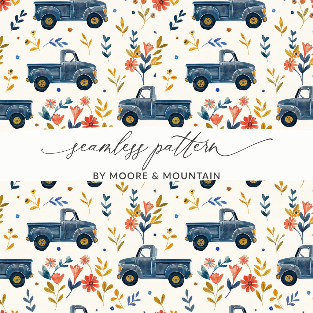 Blue Truck Seamless Pattern Digital Paper, Floral Truck, Farmhouse Truck Fabric Design, Rustic Texture for Crafts, Commercial Use - Moore and Mountain