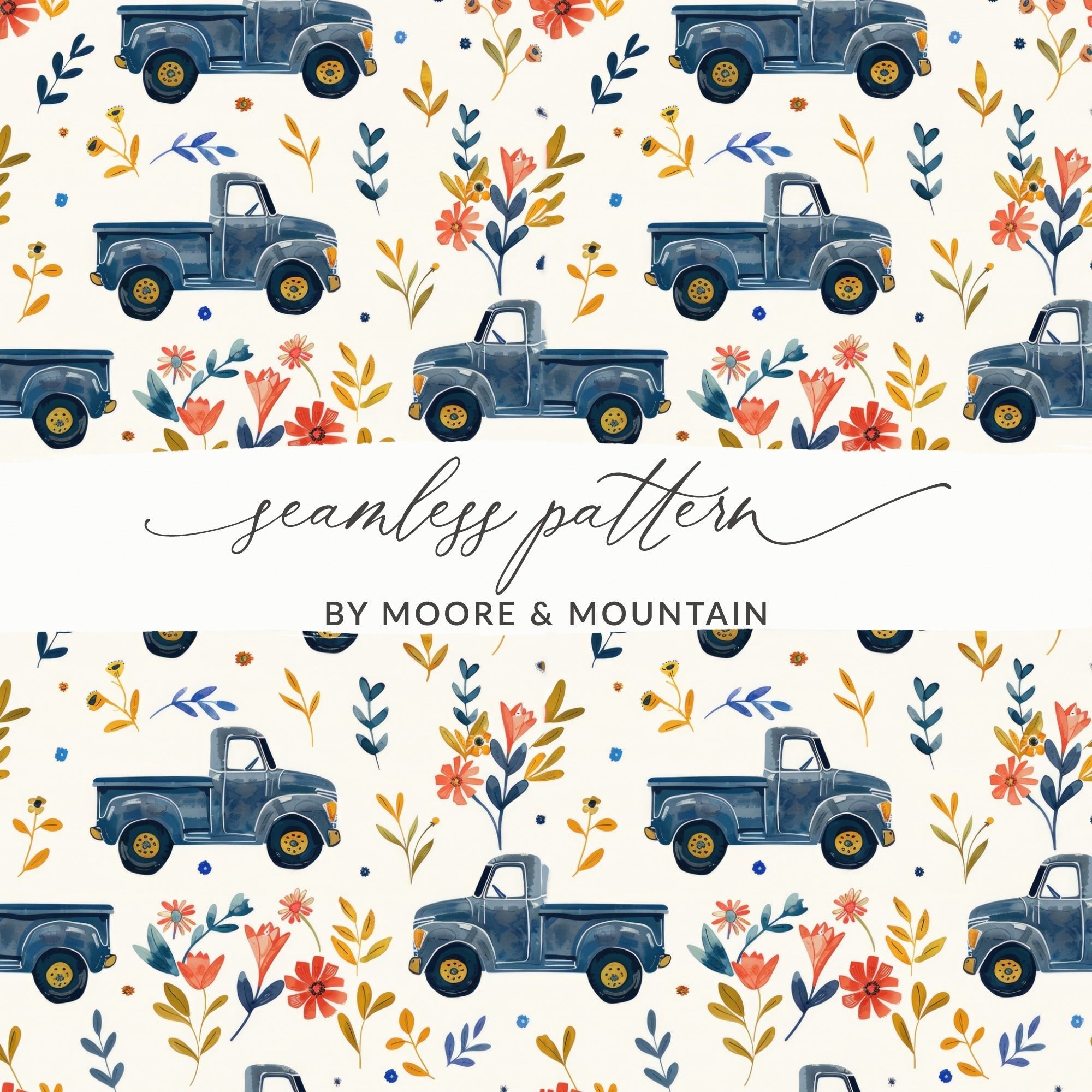 Blue Truck Seamless Pattern Digital Paper, Floral Truck, Farmhouse Truck Fabric Design, Rustic Texture for Crafts, Commercial Use - Moore and Mountain
