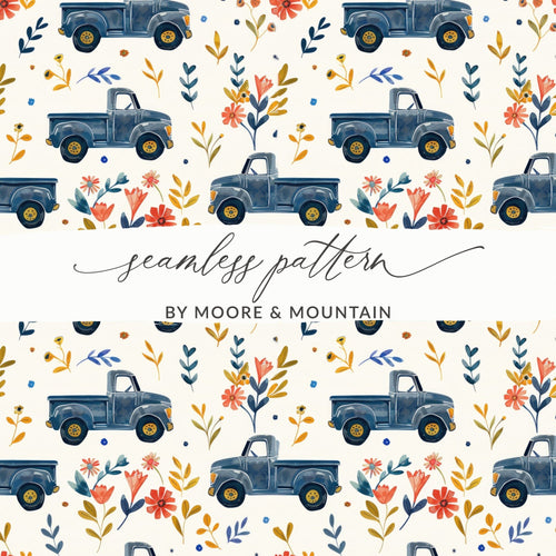 Blue Truck Seamless Pattern Digital Paper, Floral Truck, Farmhouse Truck Fabric Design, Rustic Texture for Crafts, Commercial Use - Moore and Mountain