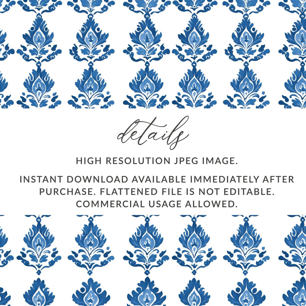 Blue White Floral Damask Pattern Design Art Digital - Moore and Mountain