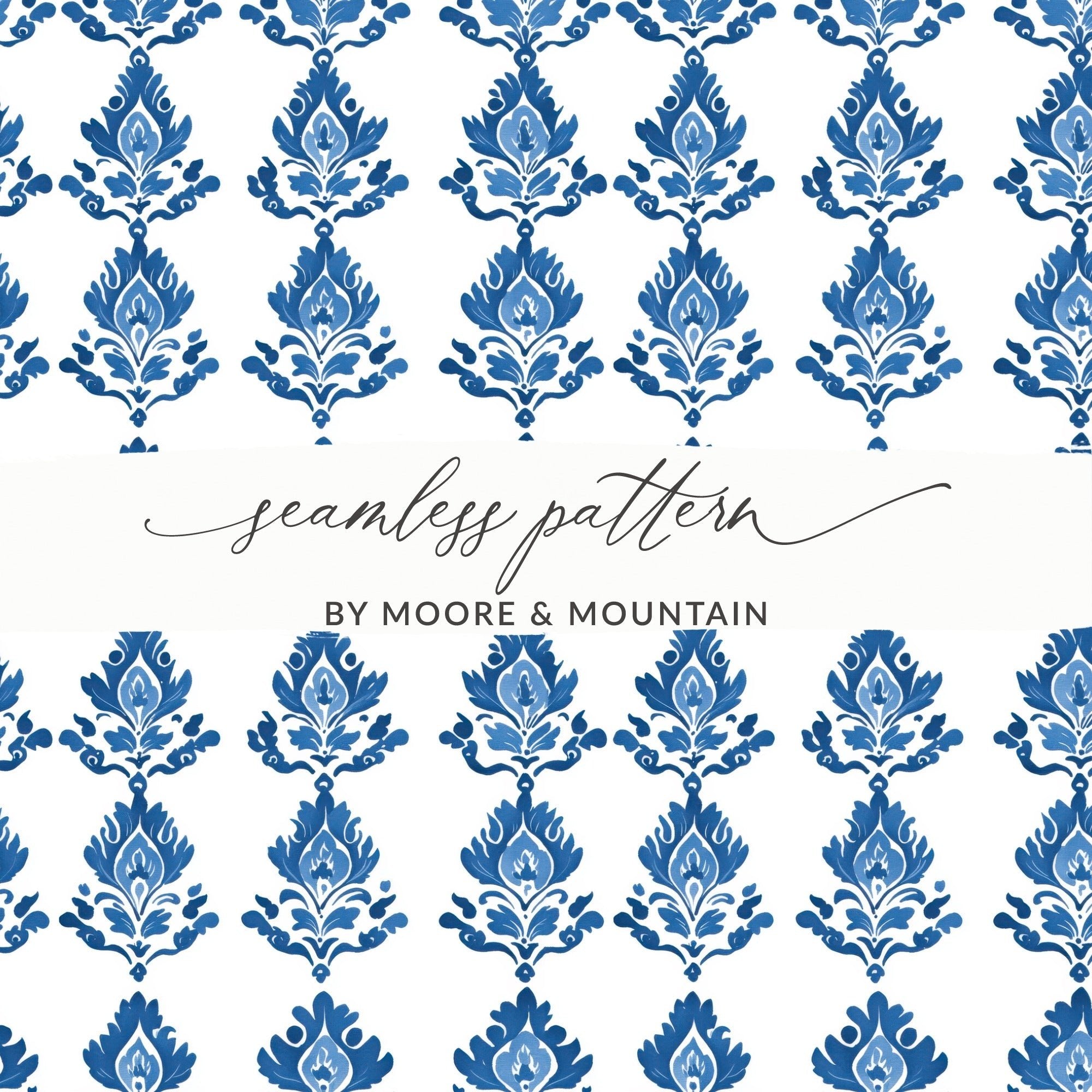 Blue White Floral Damask Pattern Design Art Digital - Moore and Mountain