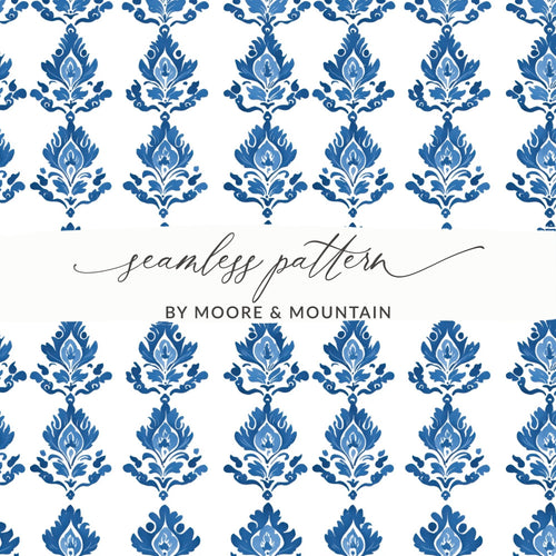 Blue White Floral Damask Pattern Design Art Digital - Moore and Mountain
