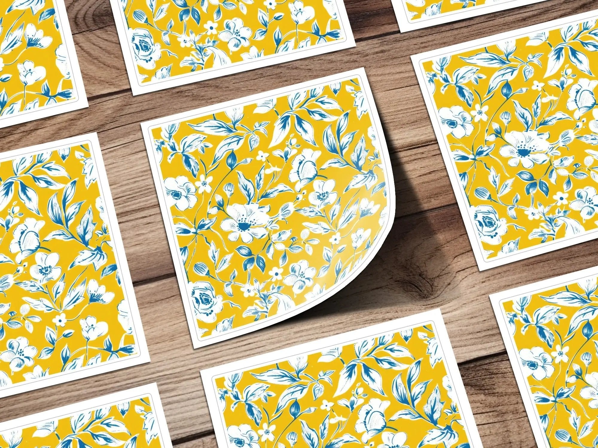 Blue White Floral Seamless Pattern Digital Paper, Yellow Background Flower JPEG File, Textile Design, Floral Print, Scrapbook Paper - Moore and Mountain