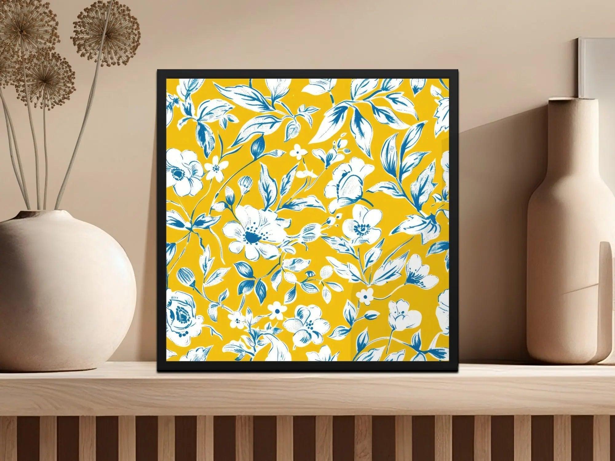 Blue White Floral Seamless Pattern Digital Paper, Yellow Background Flower JPEG File, Textile Design, Floral Print, Scrapbook Paper - Moore and Mountain