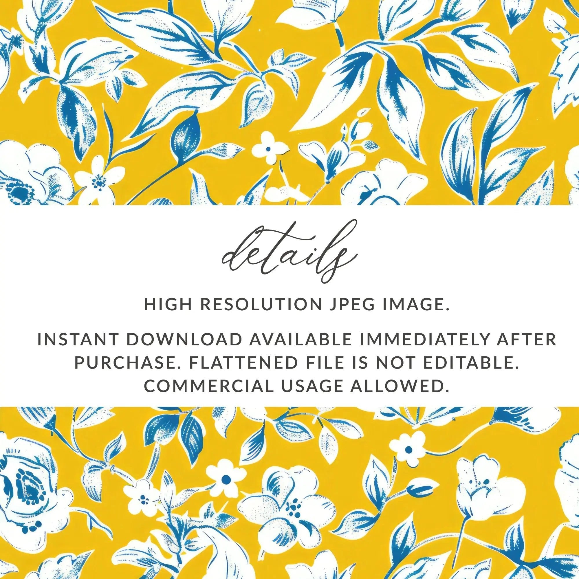 Blue White Floral Seamless Pattern Digital Paper, Yellow Background Flower JPEG File, Textile Design, Floral Print, Scrapbook Paper - Moore and Mountain