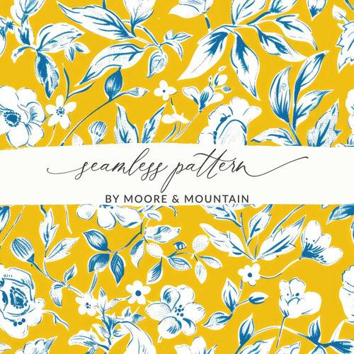 Blue White Floral Seamless Pattern Digital Paper, Yellow Background Flower JPEG File, Textile Design, Floral Print, Scrapbook Paper - Moore and Mountain