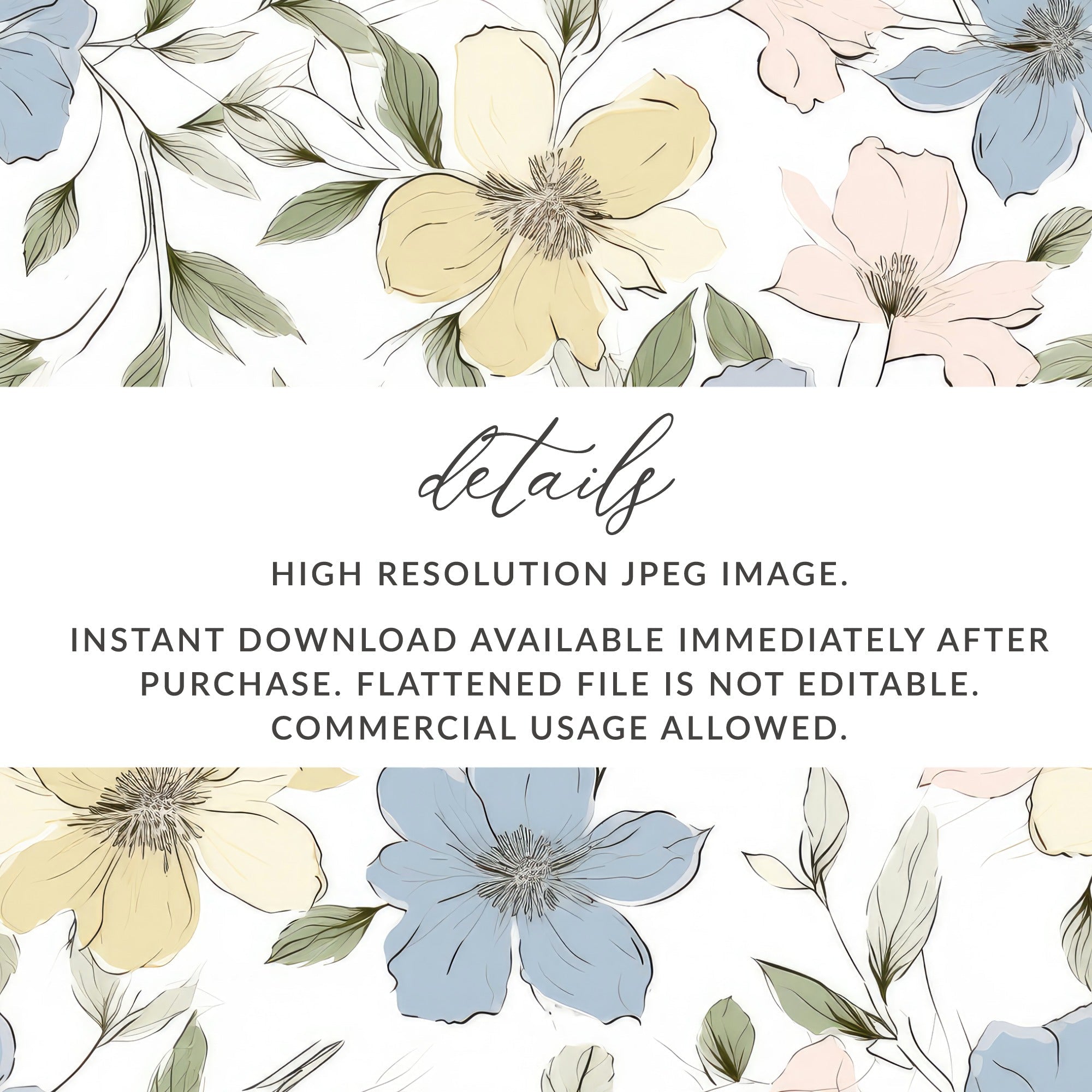 Blue Yellow Floral Pattern Digital Paper, Watercolor Flowers Seamless Print, Elegant Spring Flower Design, Pastel Bloom Image - Moore and Mountain