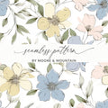 Blue Yellow Floral Pattern Digital Paper, Watercolor Flowers Seamless Print, Elegant Spring Flower Design, Pastel Bloom Image - Moore and Mountain
