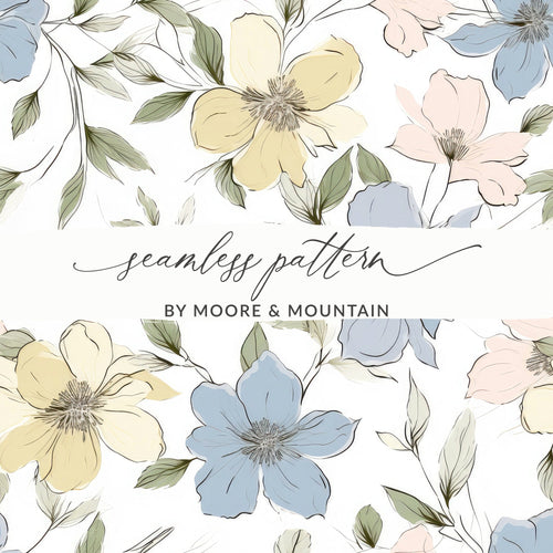 Blue Yellow Floral Pattern Digital Paper, Watercolor Flowers Seamless Print, Elegant Spring Flower Design, Pastel Bloom Image - Moore and Mountain