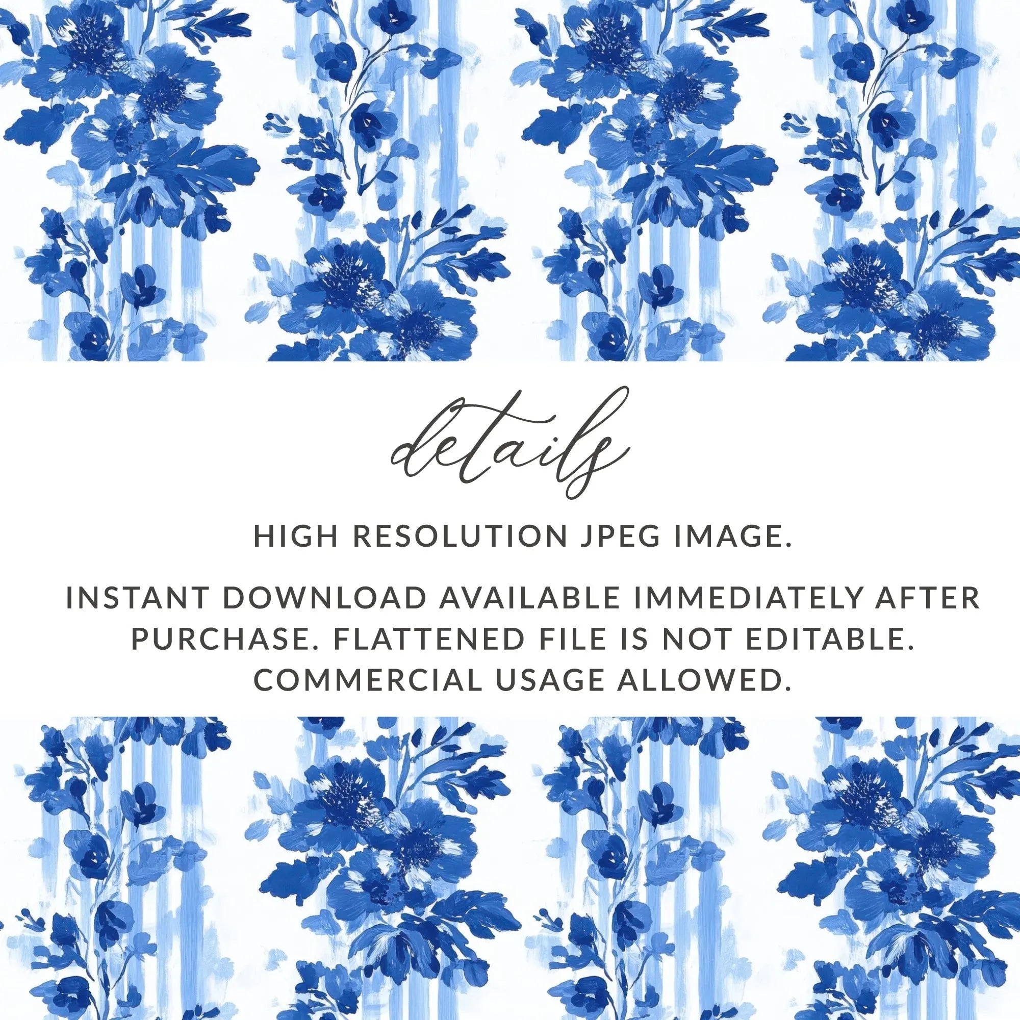 Blue and White Floral Digital Paper, Watercolor Flower Pattern, Seamless Digital Pattern, Blue Watercolor Flower Stripes - Moore and Mountain
