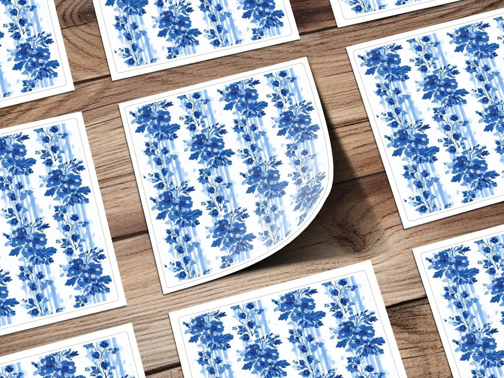 Blue and White Floral Digital Paper, Watercolor Flower Pattern, Seamless Digital Pattern, Blue Watercolor Flower Stripes - Moore and Mountain