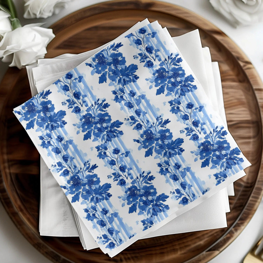 Blue and White Floral Digital Paper, Watercolor Flower Pattern, Seamless Digital Pattern, Blue Watercolor Flower Stripes - Moore and Mountain