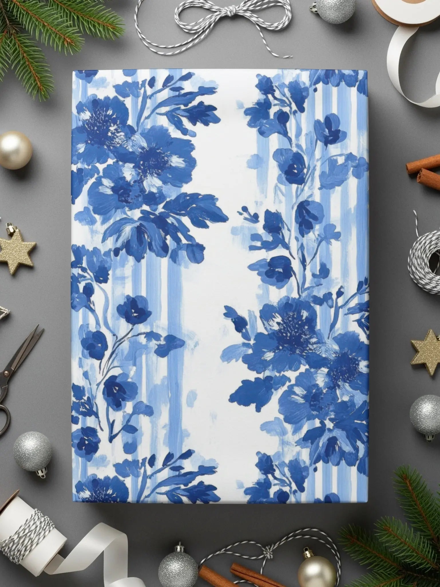 Blue and White Floral Digital Paper, Watercolor Flower Pattern, Seamless Digital Pattern, Blue Watercolor Flower Stripes - Moore and Mountain