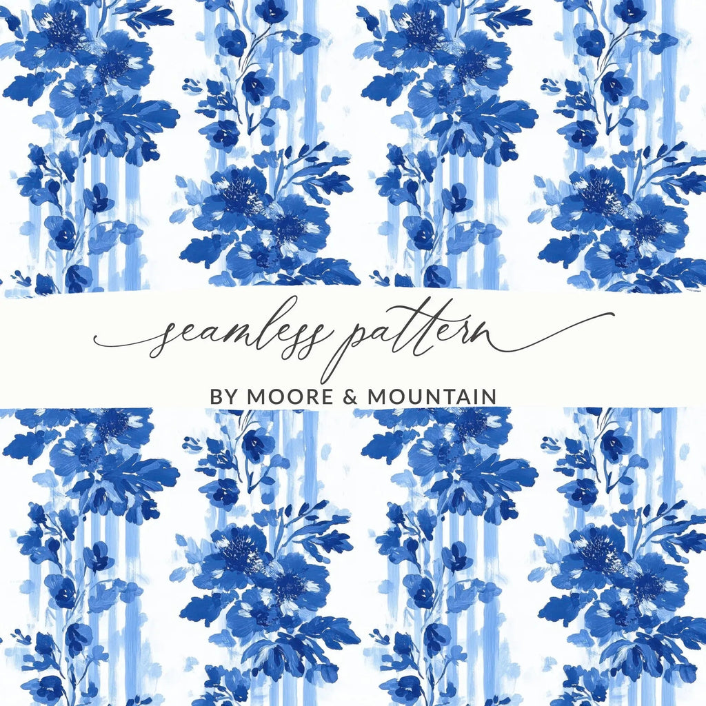 Blue and White Floral Digital Paper, Watercolor Flower Pattern, Seamless Digital Pattern, Blue Watercolor Flower Stripes - Moore and Mountain