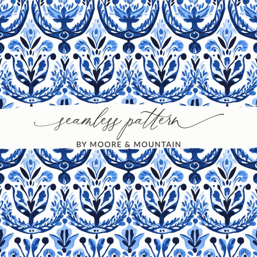 Blue and White Floral Pattern Seamless Vector Background Digital - Moore and Mountain
