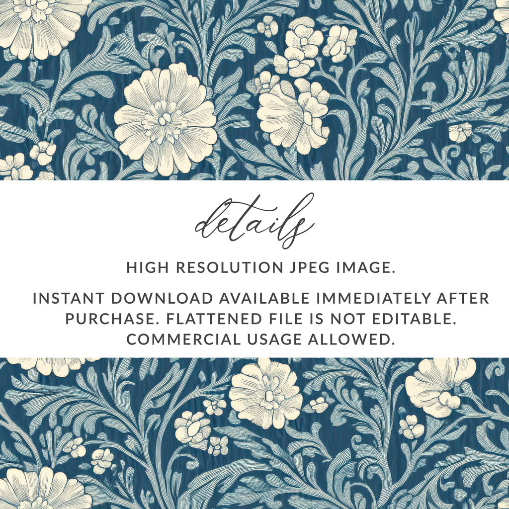 Blue and White Seamless William Morris Vines Background Blue and Cream Digital - Moore and Mountain