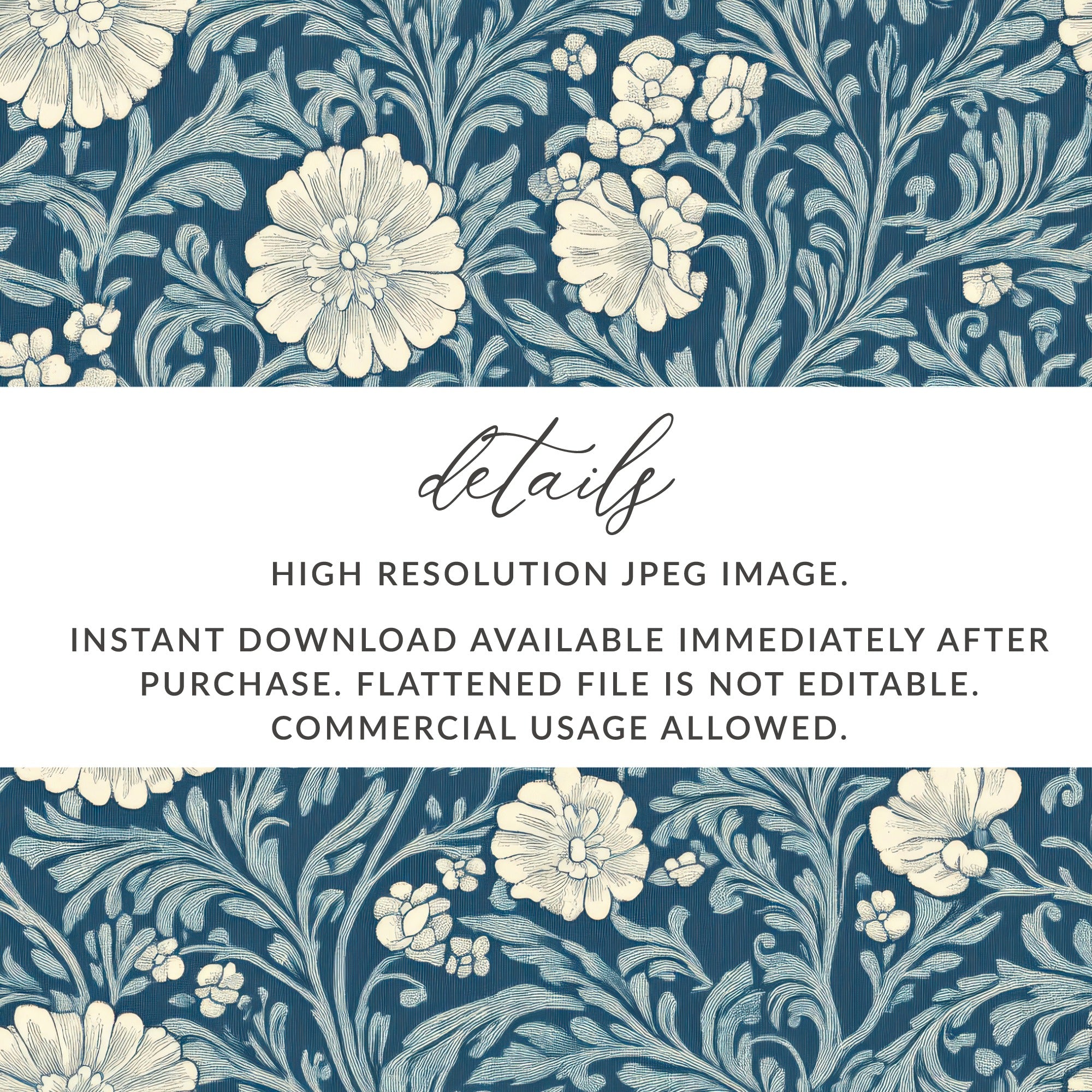 Blue and White Seamless William Morris Vines Background Blue and Cream Digital - Moore and Mountain