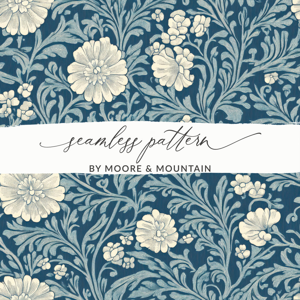 Blue and White Seamless William Morris Vines Background Blue and Cream Digital - Moore and Mountain