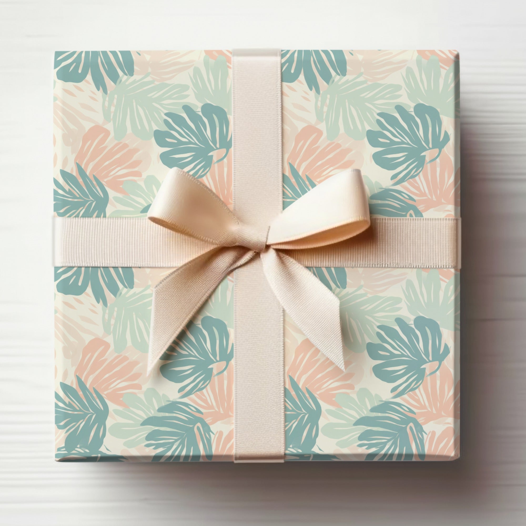 Tropical Leaf Pattern Gift Box with Ribbon Bow