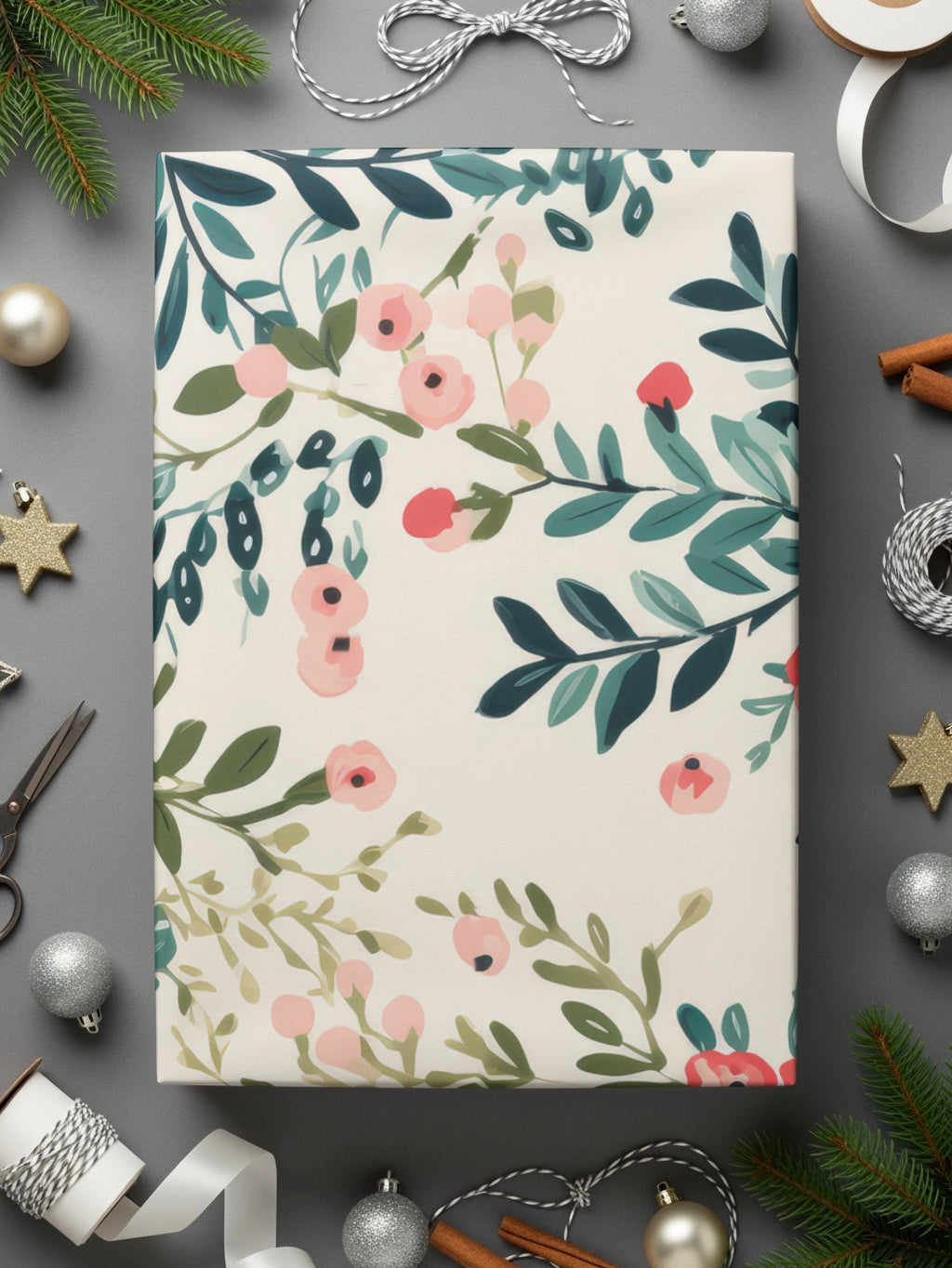 Festive Floral Holiday Gift Wrapping Paper Sheet