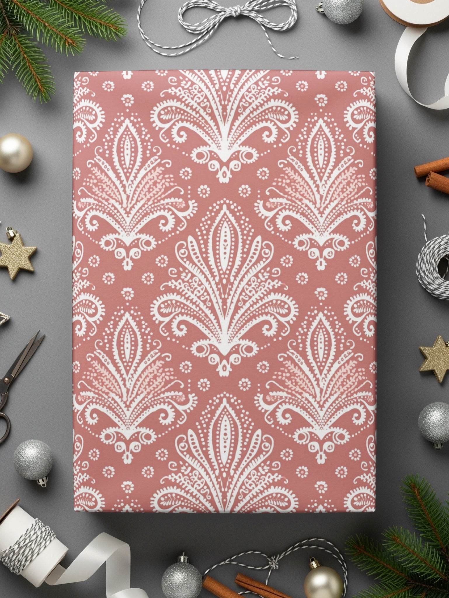 Elegant White Floral Pattern on Soft Pink Paper Product