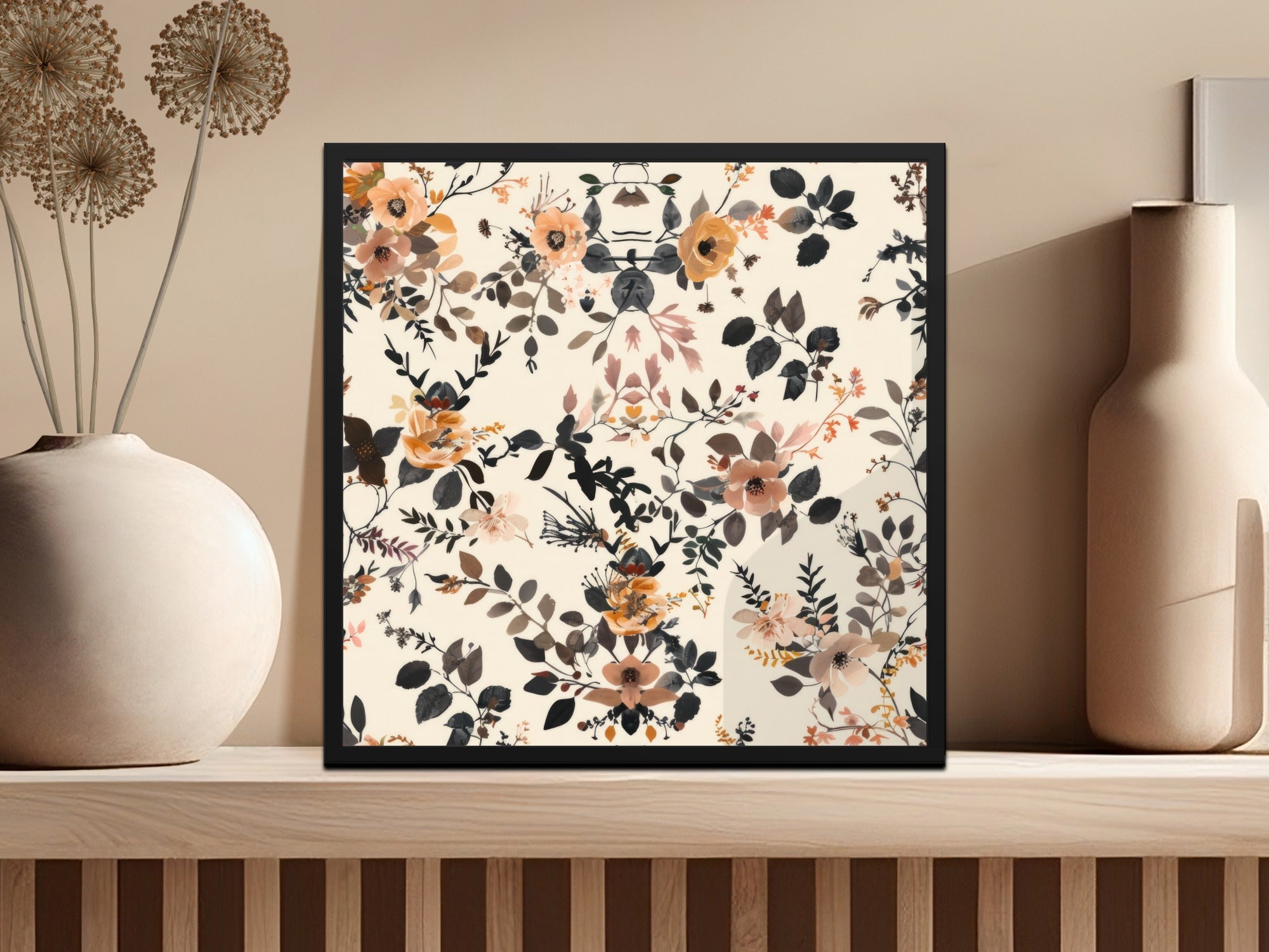 Floral Botanical Art Print with Black Wooden Frame Art