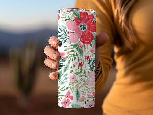 Floral Print Travel Tumbler with Red and Pink Flowers