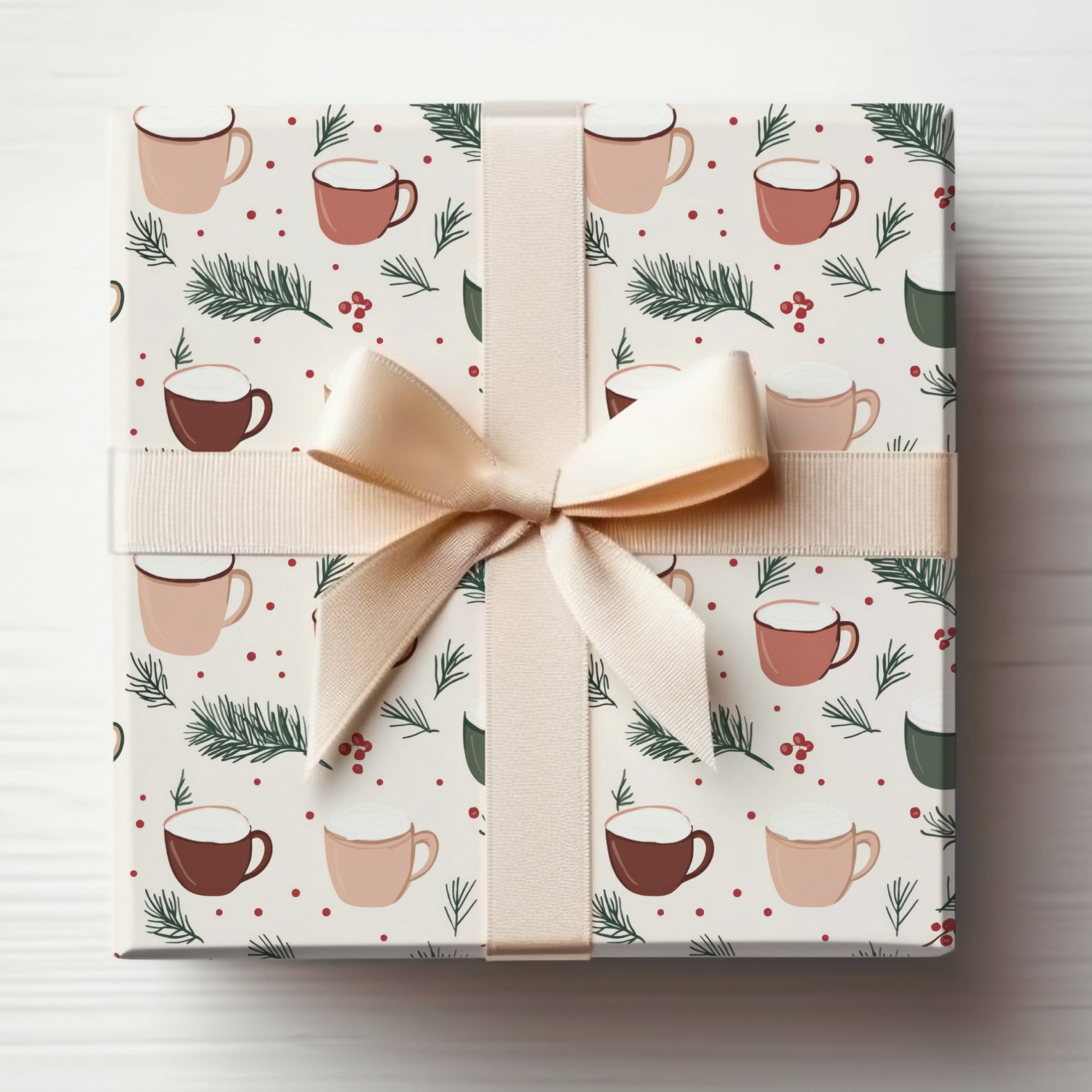 Festive Mug and Evergreen Holiday Wrapping Paper