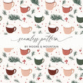 Festive Coffee Mug and Pine Seamless Pattern Design