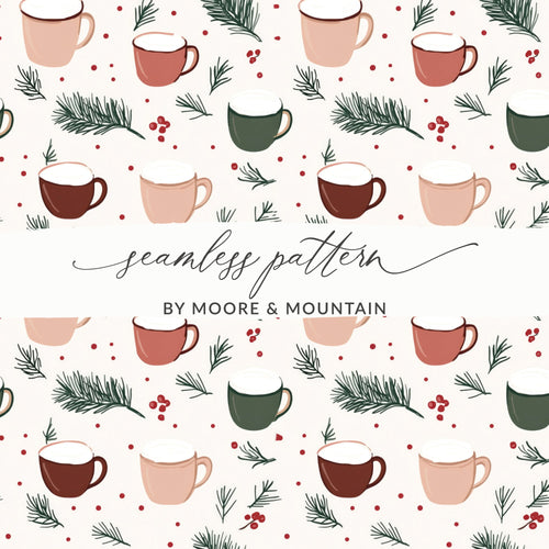 Festive Coffee Mug and Pine Seamless Pattern Design