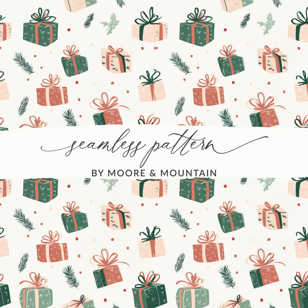 Festive Seamless Pattern with Gift Boxes and Pine Leaves