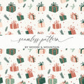 Festive Seamless Pattern with Gift Boxes and Pine Leaves