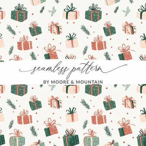 Festive Seamless Pattern with Gift Boxes and Pine Leaves
