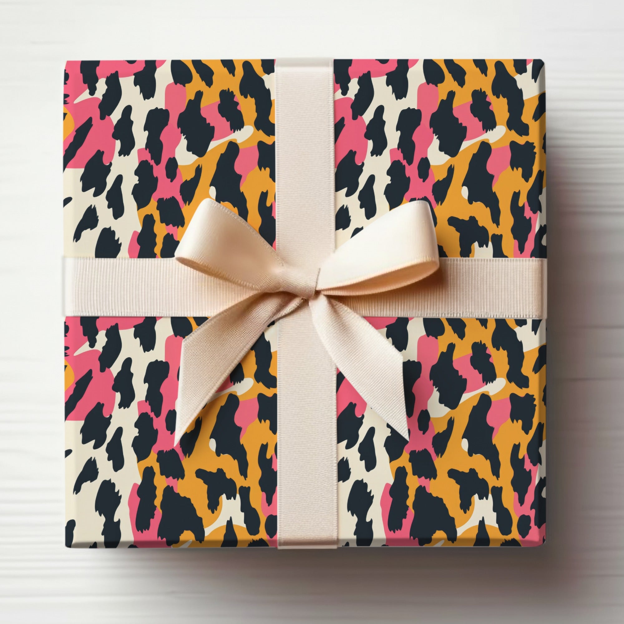 Vibrant Leopard Print Gift Wrap with Cream Ribbon Finish