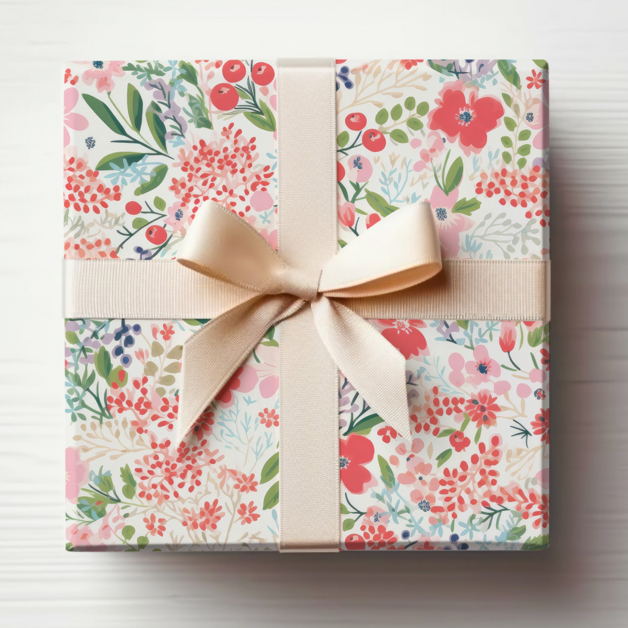 Elegant Floral Gift Wrap with Cream Ribbon