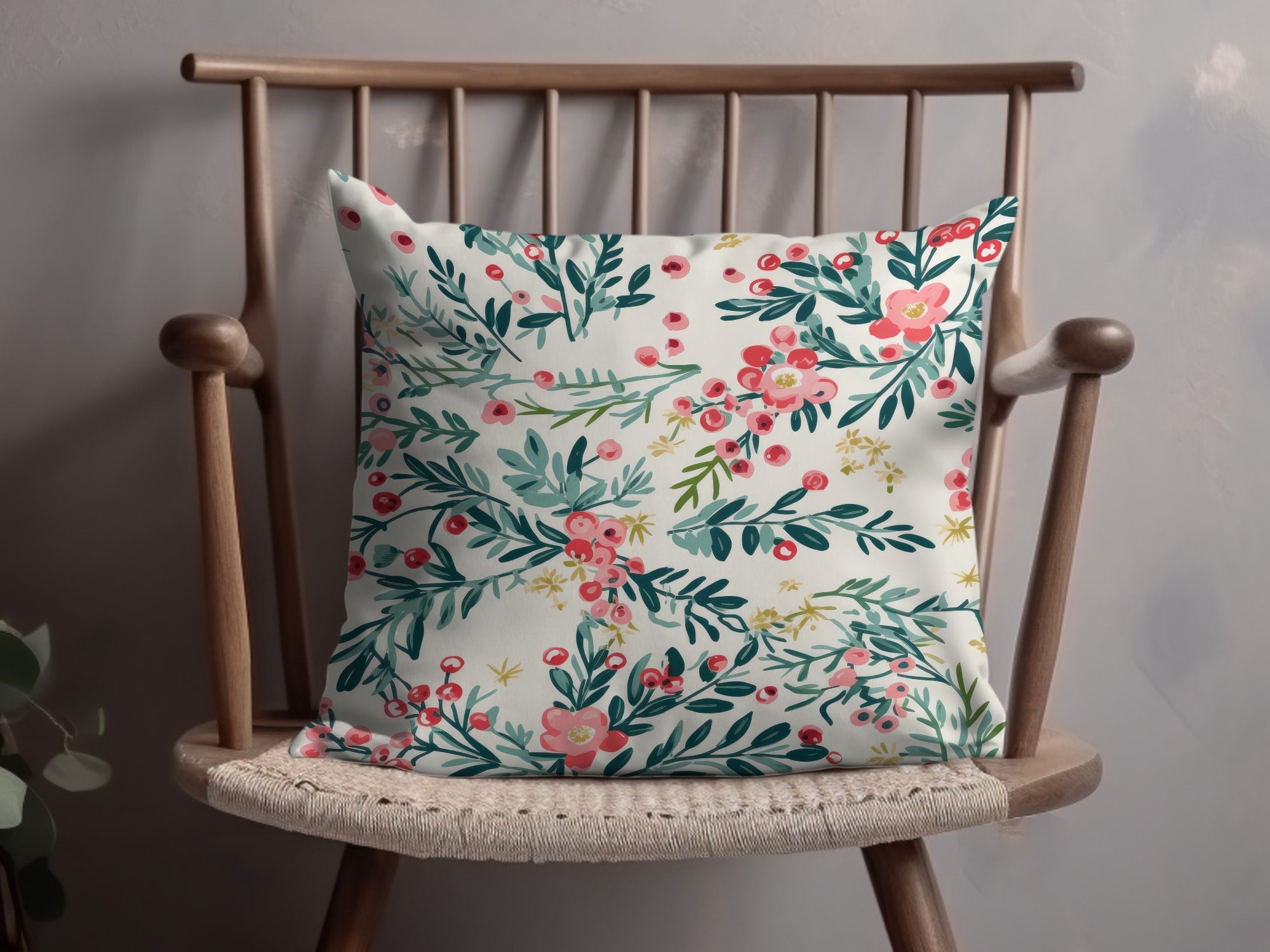 Floral Pattern Pillow with Green and Pink Design