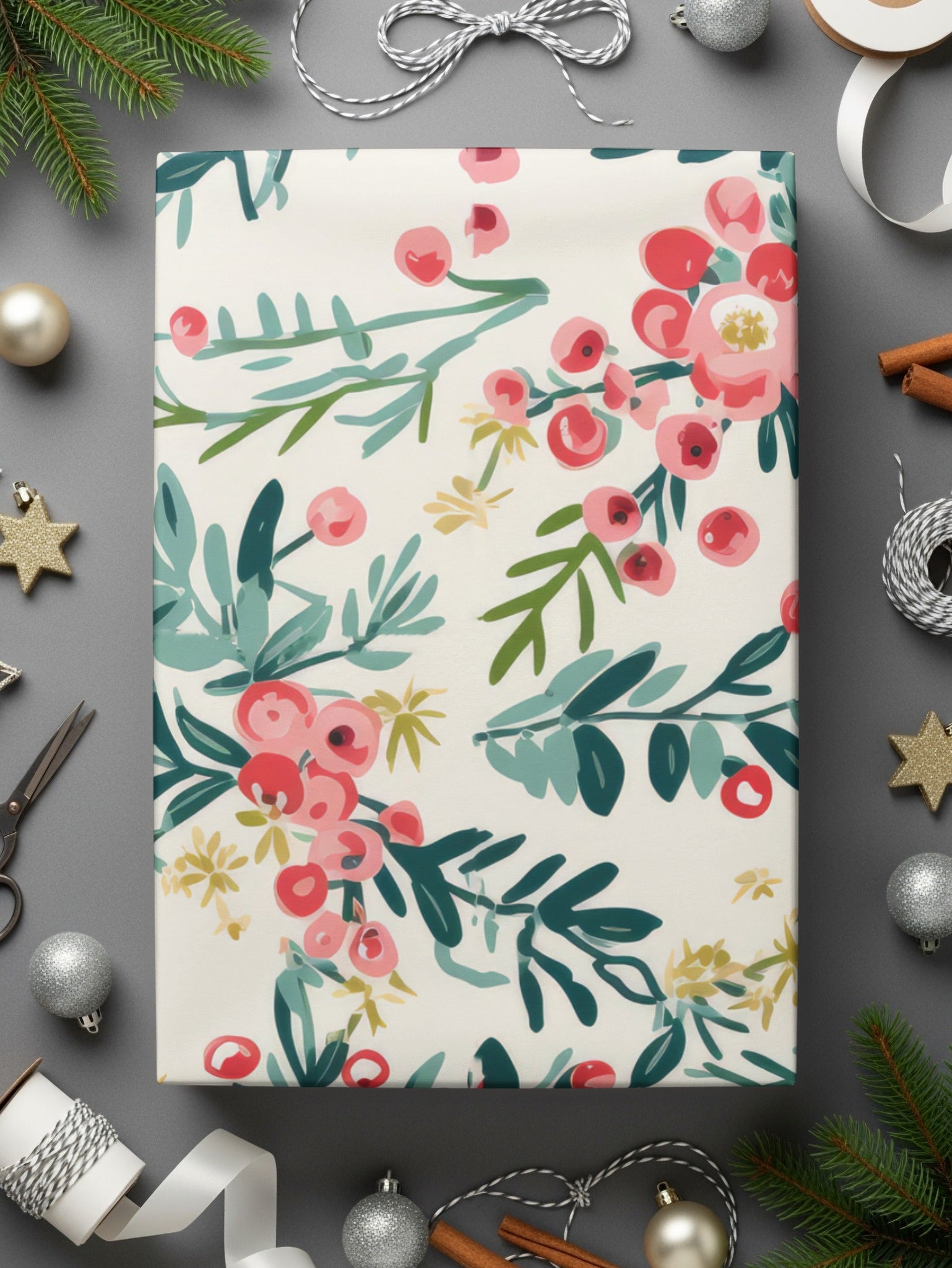 Festive Floral Gift Wrap Paper for Holidays and Special Events