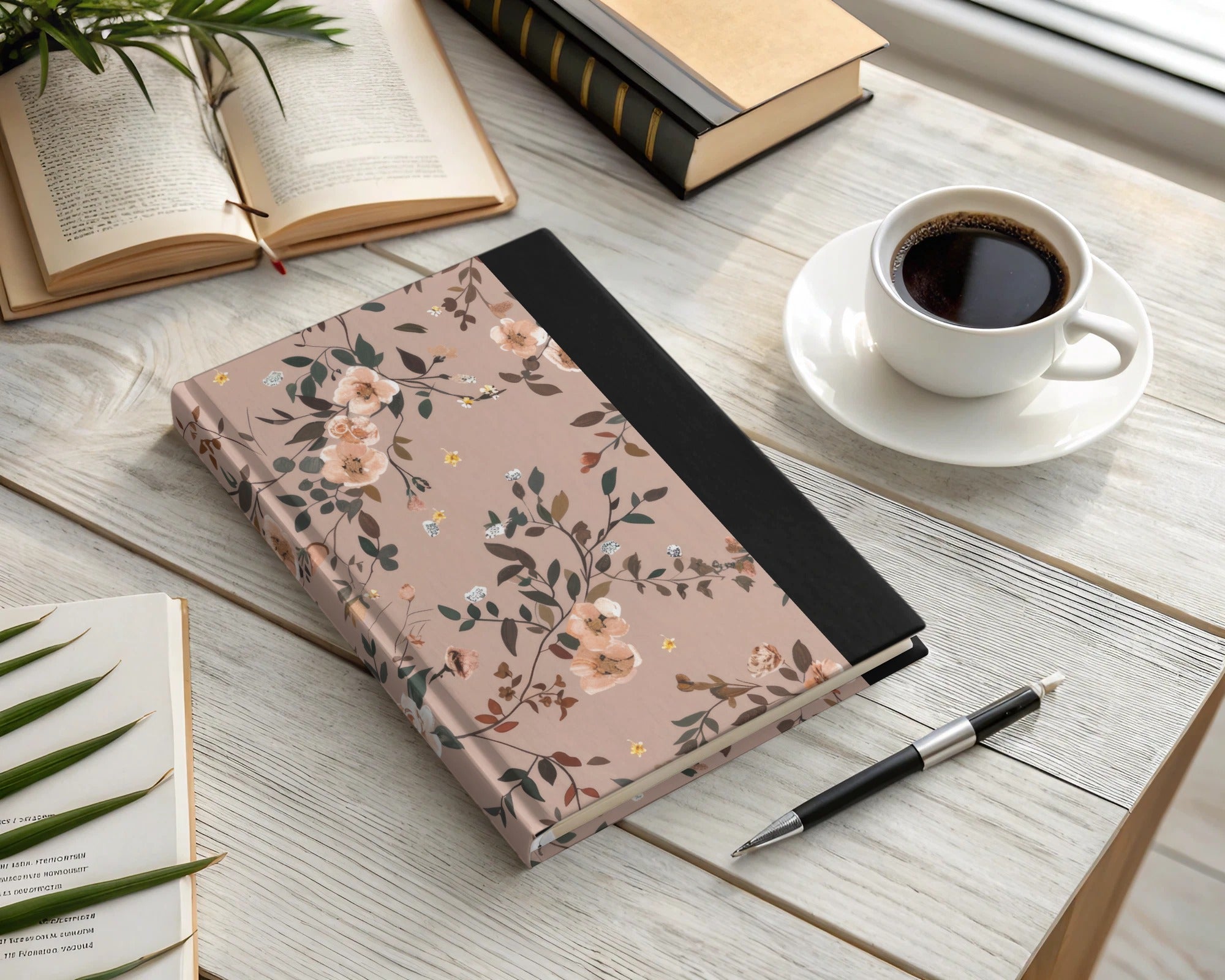 Floral Pattern Hardcover Notebook with Black Spine